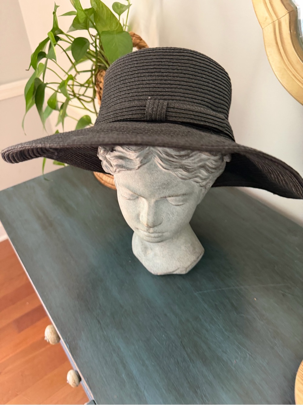 Talbots Black ribbed wide-brim sun hat with a matching bow detail